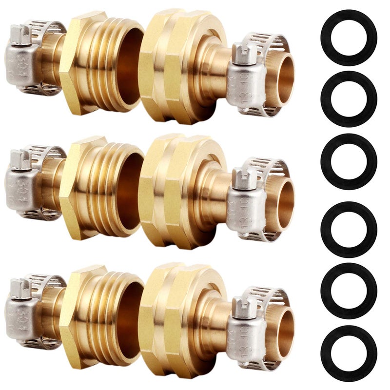 YELUN Solid Brass Garden Hose Repair Connector with Clamps Hose End Repair Kit,Fit for Male and Female Hose Fittings (5/8"-3 Set) - Image 1